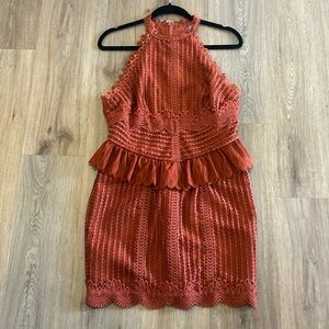 ASOS Rust Orange Red colored eyelet sleeveless halter dress with back zipper.